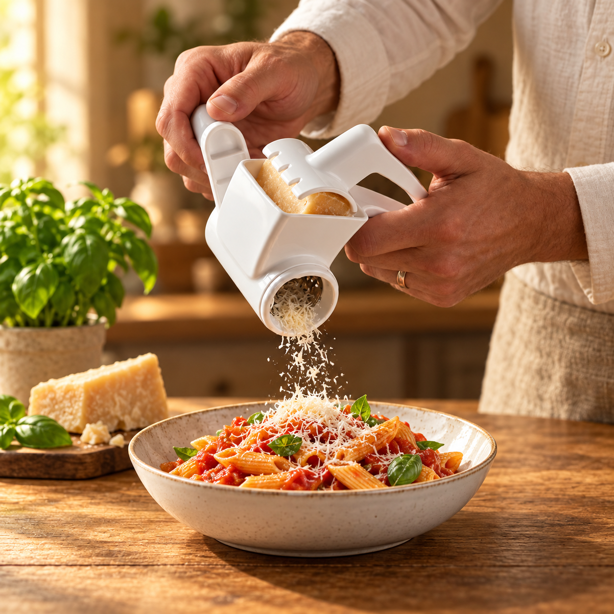 Hands grating fresh Parmesan cheese with a handheld rotary cheese grater over a bowl of pasta